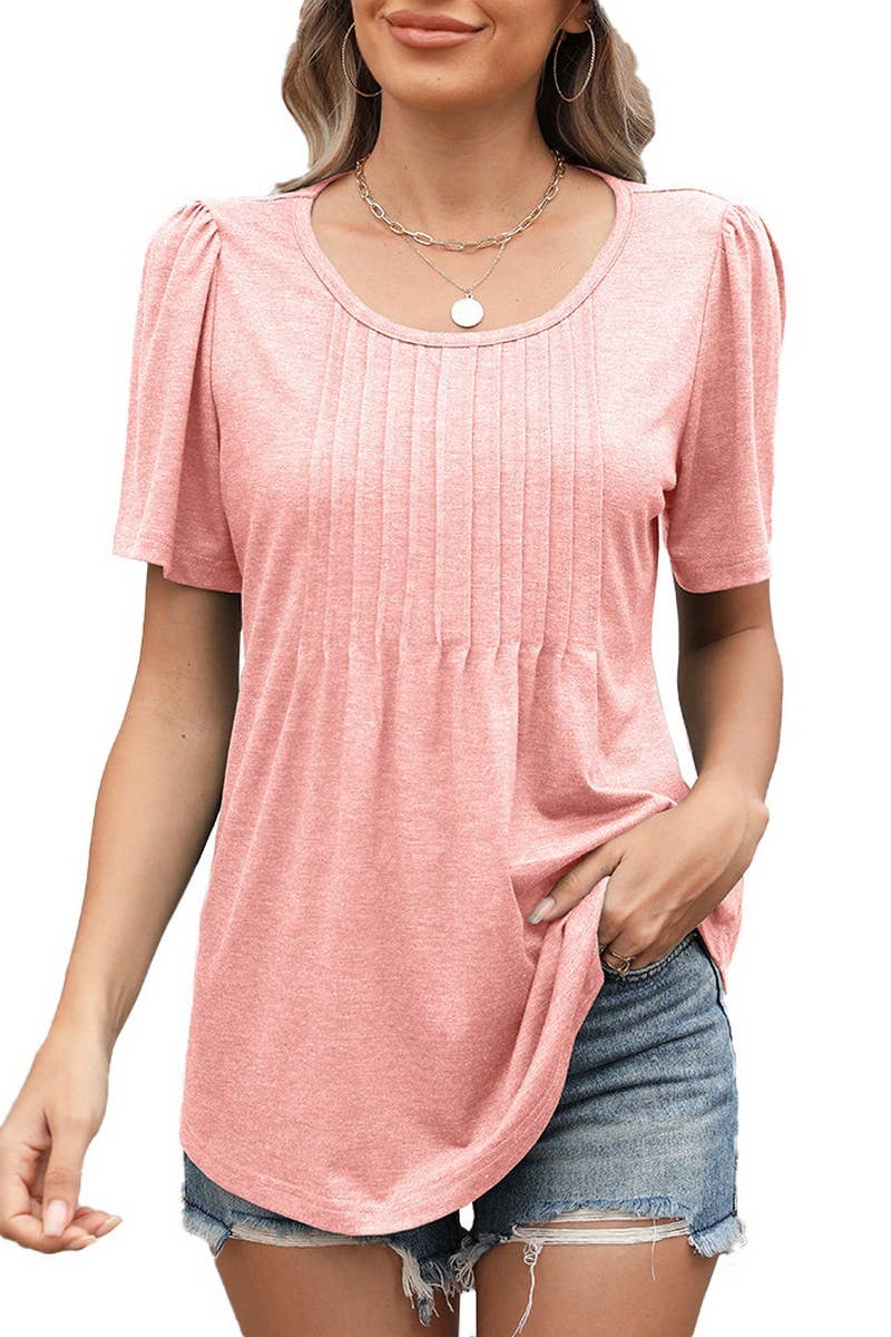 CWTBLS1724_LOOSE CREW NECK PLEATED PRINT SHORT SLEEVE TOP