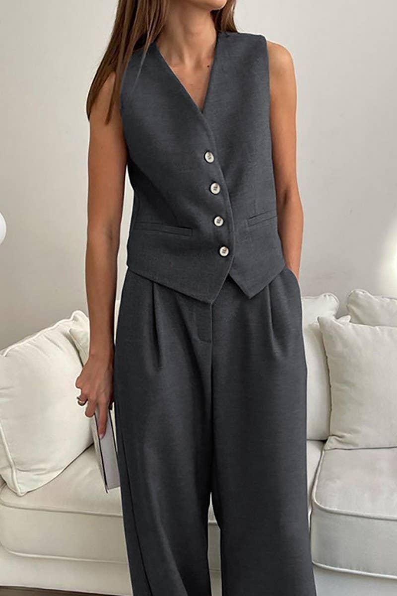 CWSTB1475_SOLID COLOR SUIT VEST TOP PANTS SET