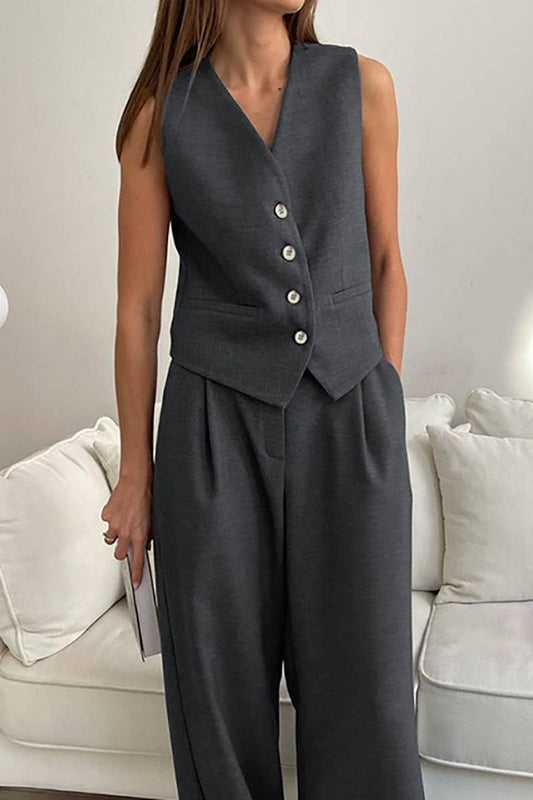 CWSTB1475_SOLID COLOR SUIT VEST TOP PANTS SET
