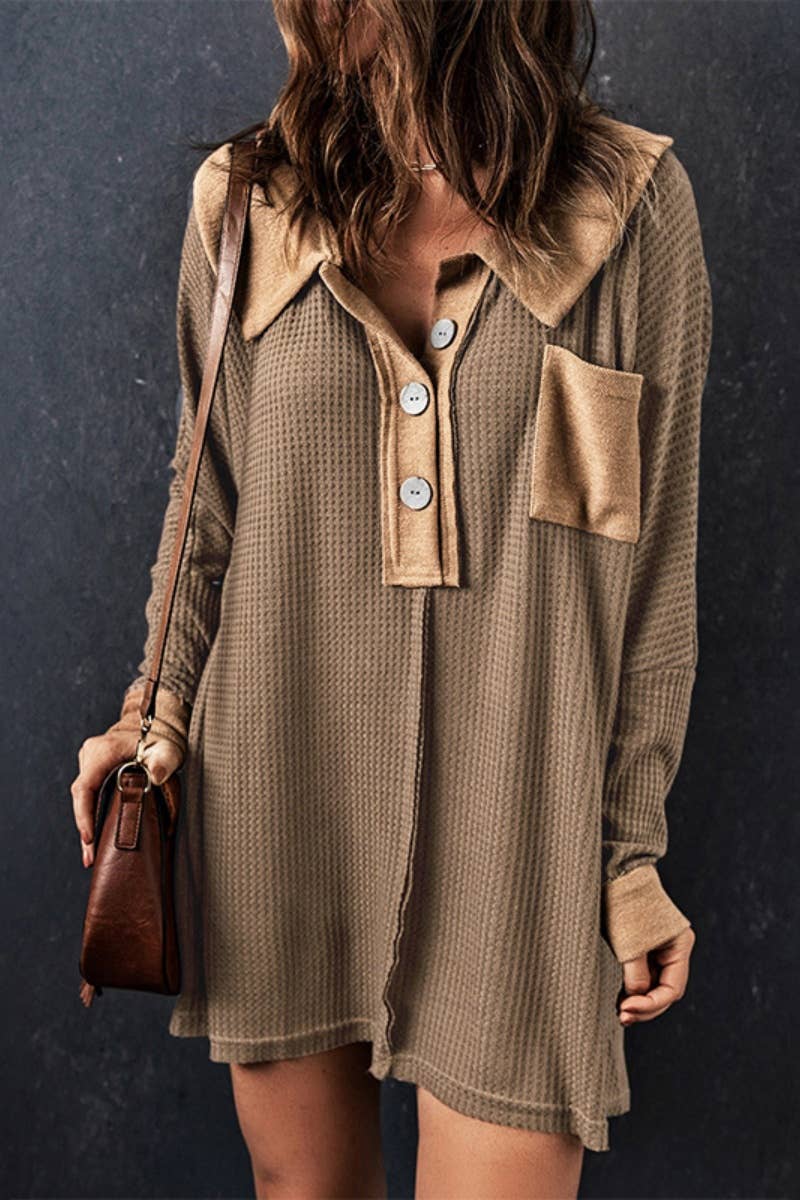 CWOSWL6707_WAFFLE BUTTON POCKET LONG SLEEVE BLOUSE