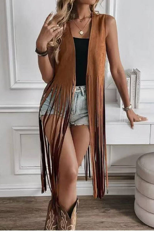 CWOCASL0057_BUTTONLESS FRINGED MID-LENGTH VEST JACKET