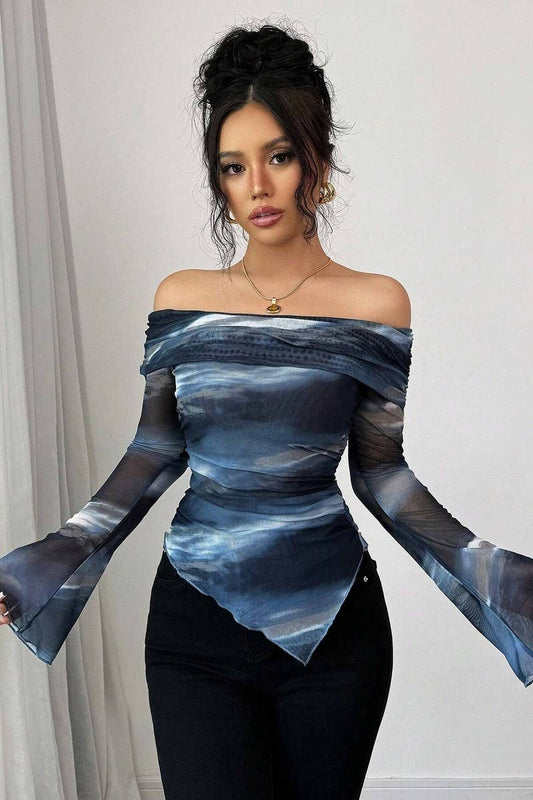 CWTBLL3920_KNIT MESH PRINT OFF SHOULDER SLIM FIT TOP