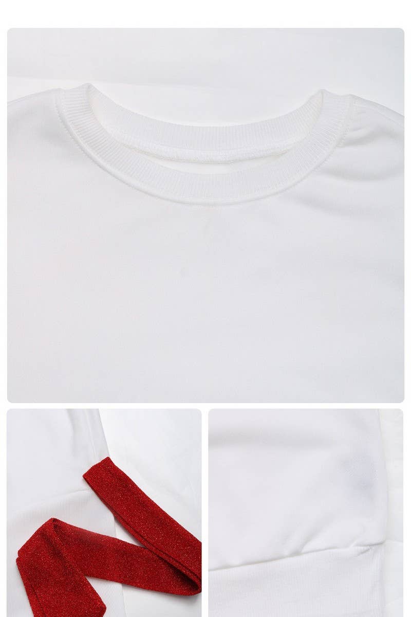 CWTBLL2467_ROUND NECK CHRISTMAS TIE BOW SWEATSHIRT