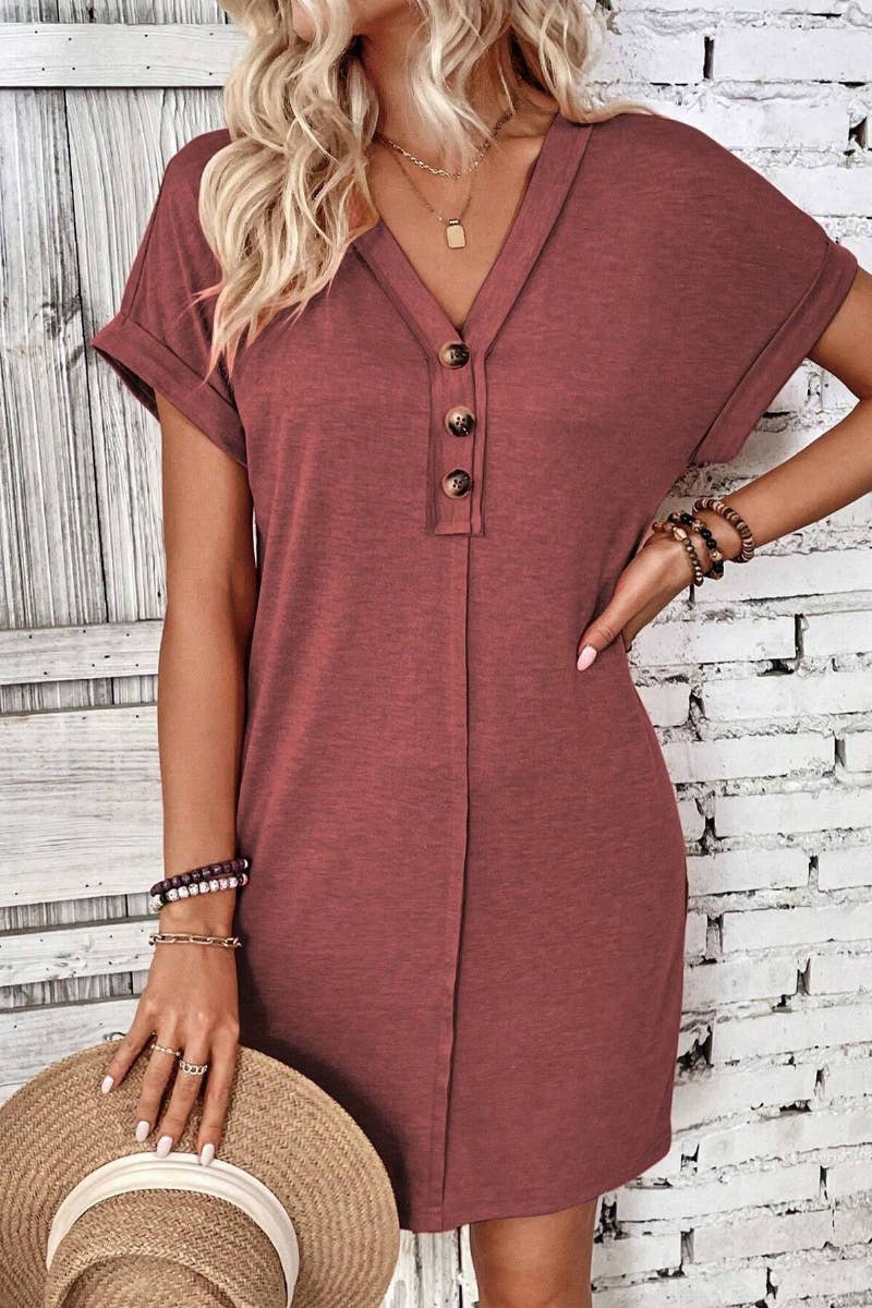 CWDSD4862_SUMMER V-NECK BUTTON-UP SHORT-SLEEVED DRESS SHORT