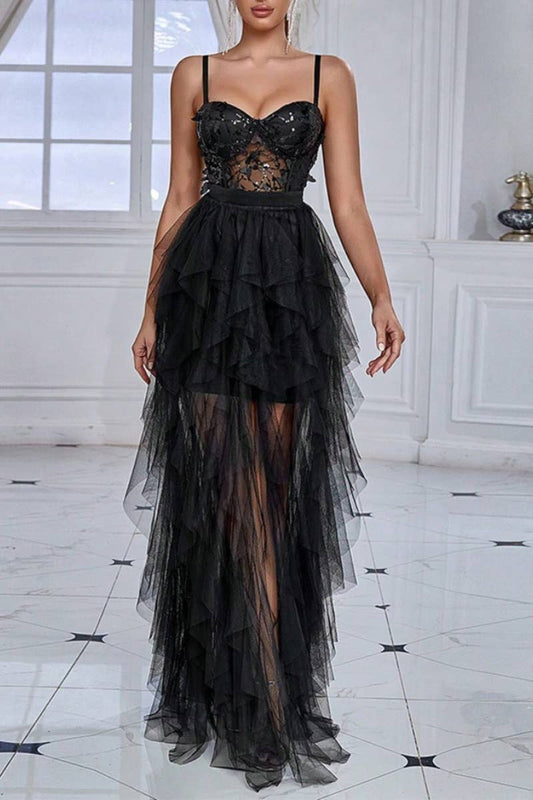 CWDHL0382_SLEEVELESS SEQUIN MESH EVENING DRESS