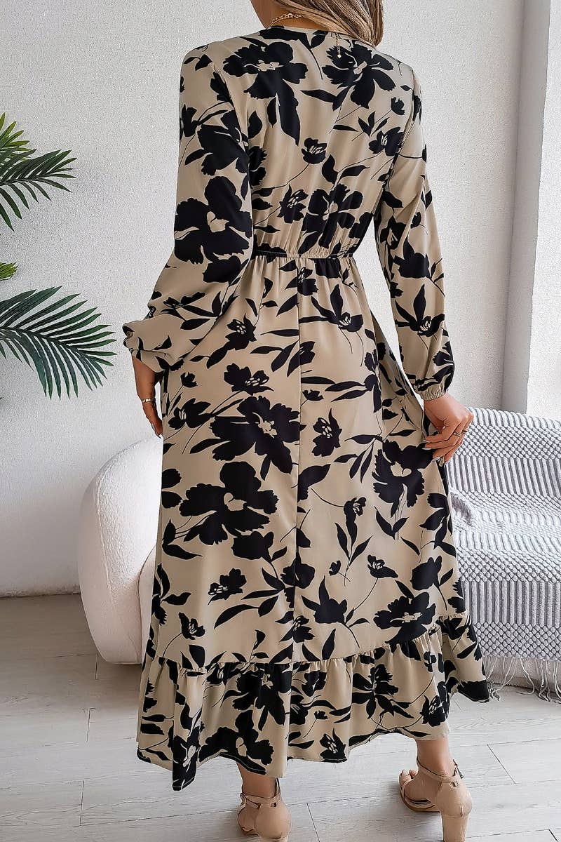 CWDMD3446_V-NECK PRINT LONG-SLEEVED DRESS WITH WAIST TUCKED