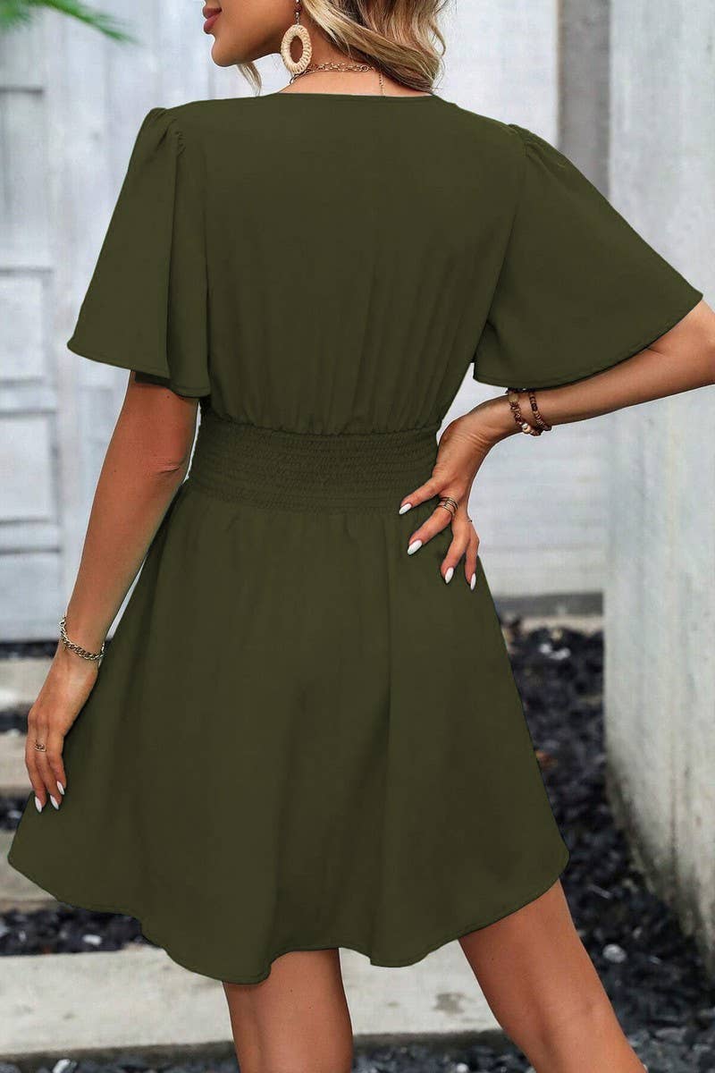 CWDSD7143_V-NECK LOTUS LEAF SLEEVE SOLID COLOR SKIRT DRESS