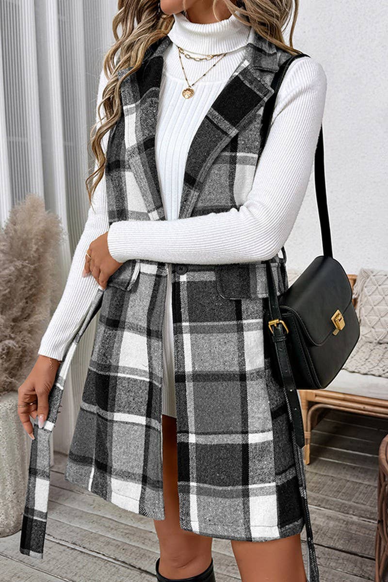 CWOV0570_PLAID TIE WAIST SUIT COLLAR SLEEVELESS LONG VEST