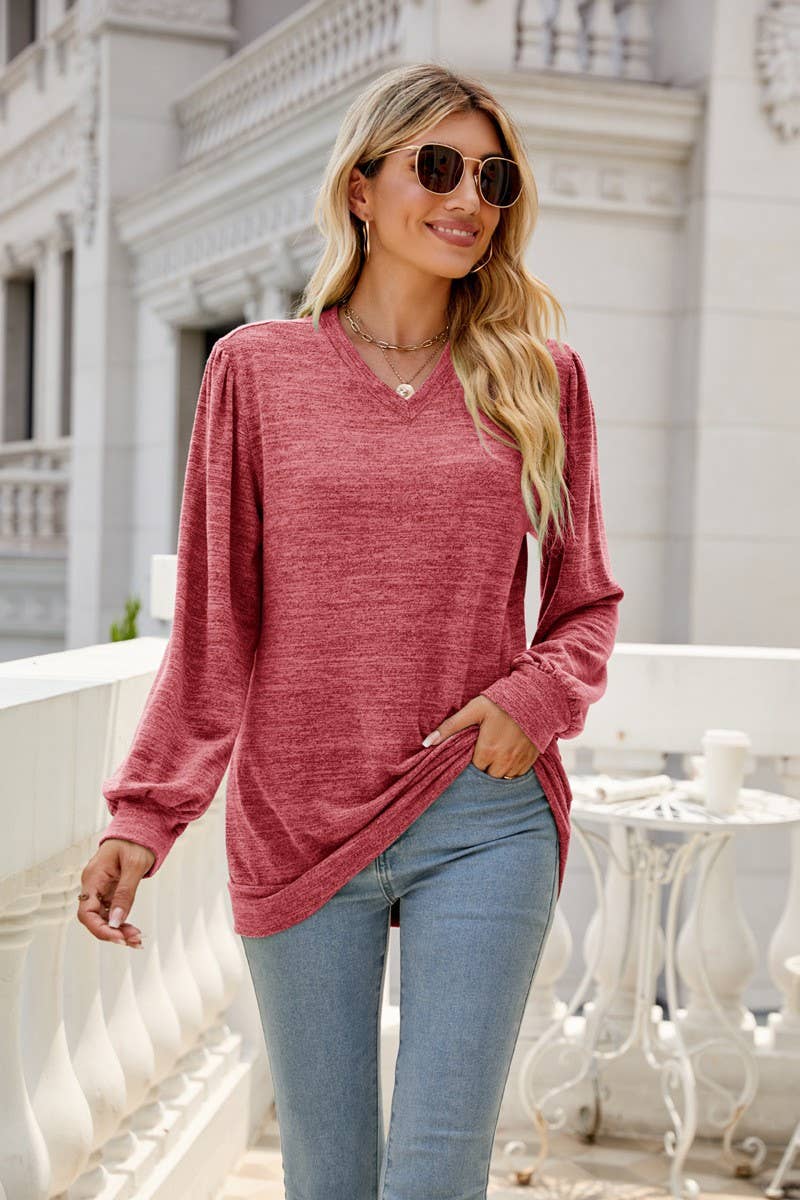 CWTBLL3691_CASUAL PUFF SLEEVE V-NECK BOTTOMING SHIRT