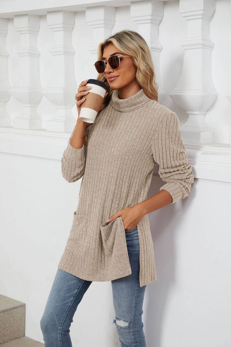 CWTBLL2363_SOLID COLOR HALF TURTLENECK SLIT POCKET TOP
