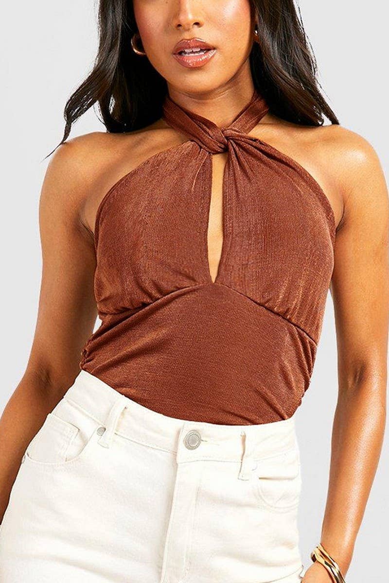 CWSBSSL0124_SEXY SLIM FIT HALTER NECK DOUBLE-LAYER BODYSUIT