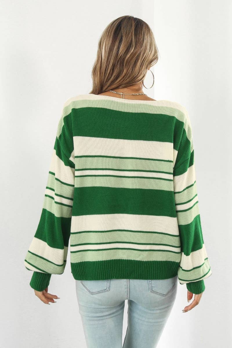 CWOSWL6401_LOOSE V-NECK STRIPED LONG-SLEEVED SWEATER