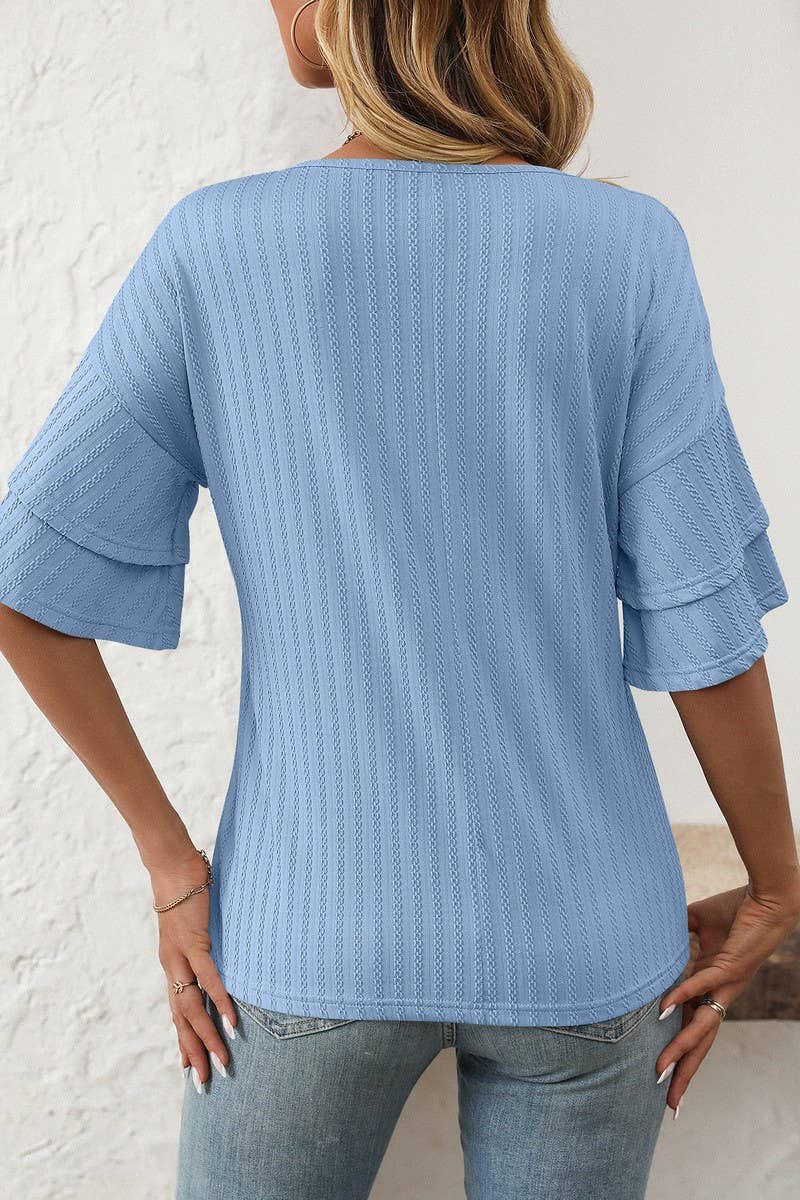 CWTBLS1713_SOLID COLOR V-NECK LOTUS SLEEVE T-SHIRT TOP