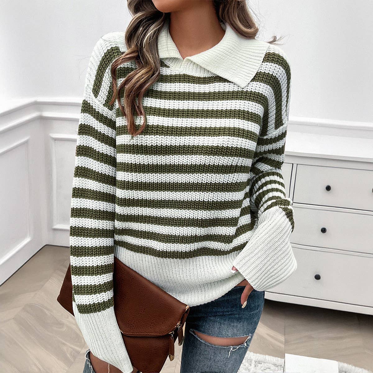 Casual baggy lapel striped long-sleeved sweater