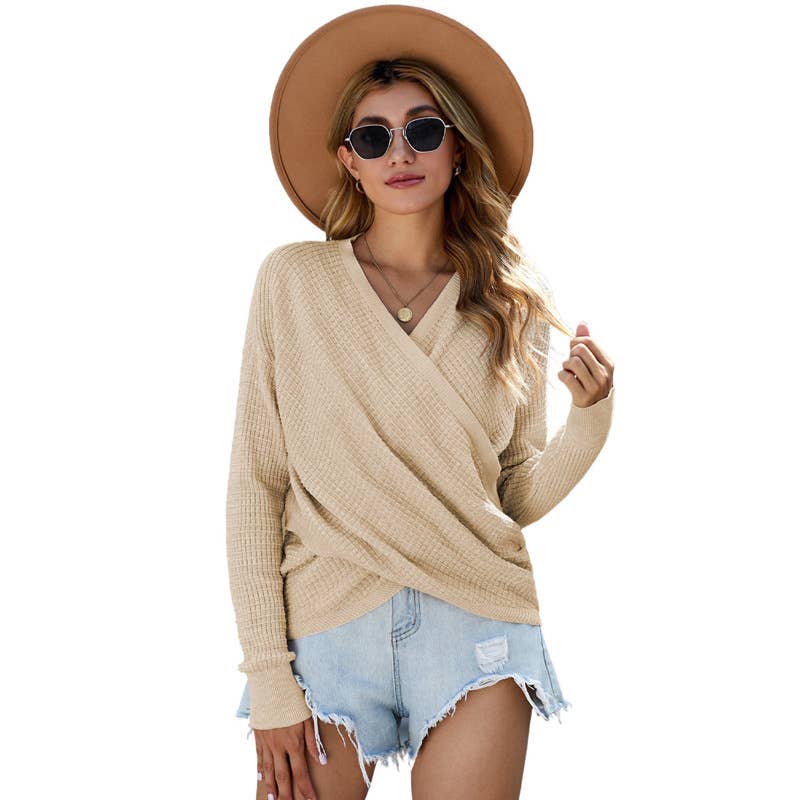 CROSSED V-NECK SOLID COLOR LONG-SLEEVED SWEATER