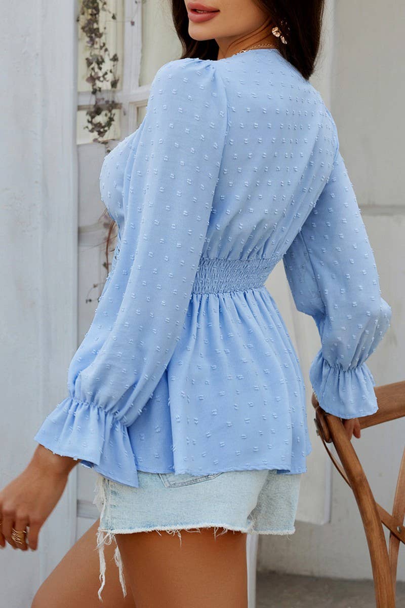 CWTBLL3592_V-NECK SOLID COLOR TIE WAIST TOP SHIRT