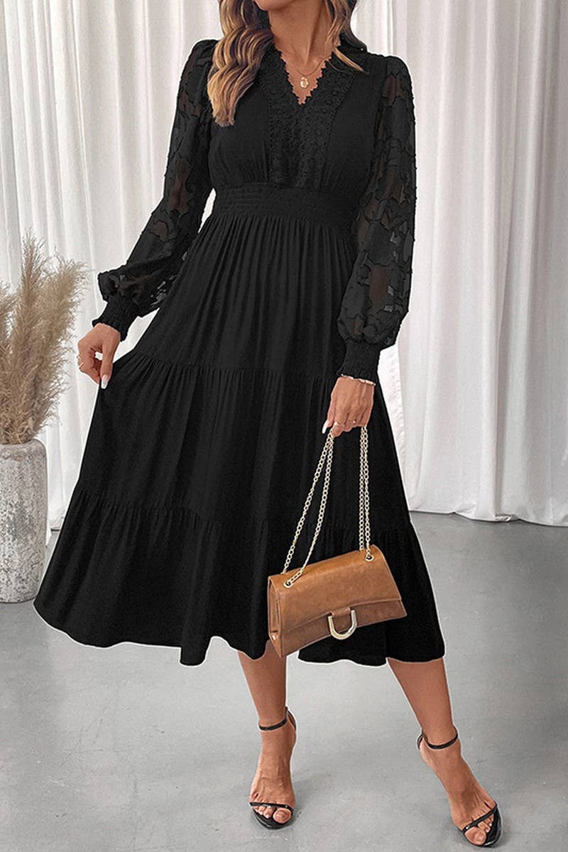 CWDMD01040_V NECK WAIST LACE LONG SLEEVE SOLID DRESS
