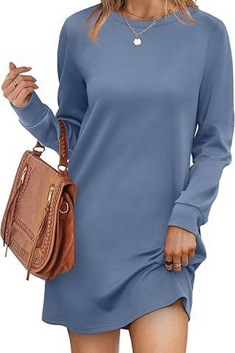 CWDSD8813_ROUND NECK POCKET LONG SLEEVE SWEATER DRESS