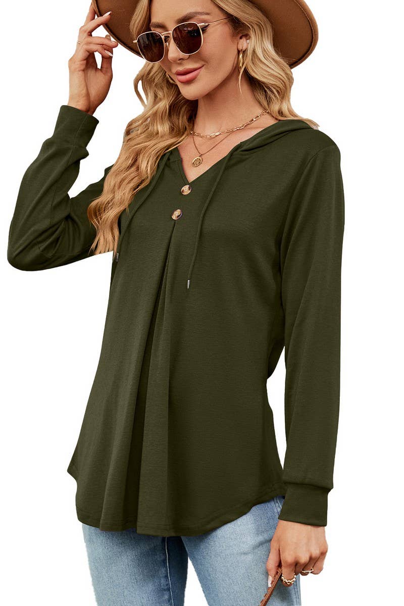 CWOHOL0932_SOLID COLOR V-NECK BUTTON HOODED LOOSE SWEATSHIRT
