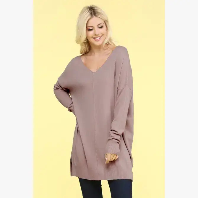 CWOSWL1826_V NECK LOOSE FIT TUNIC LENGTH SOFT SWEATER TOP