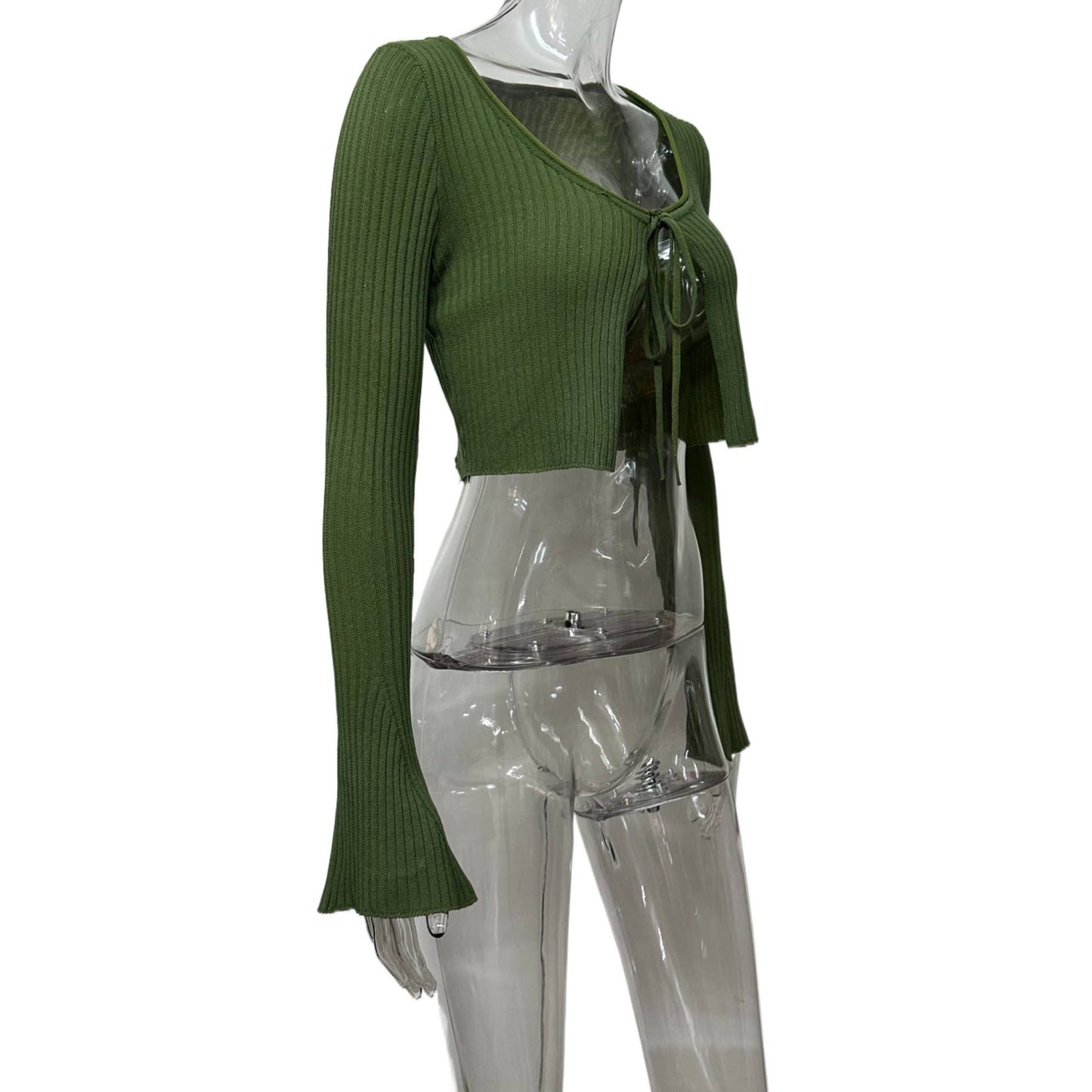 Crop top flared sleeve knitted lace-up cardigan