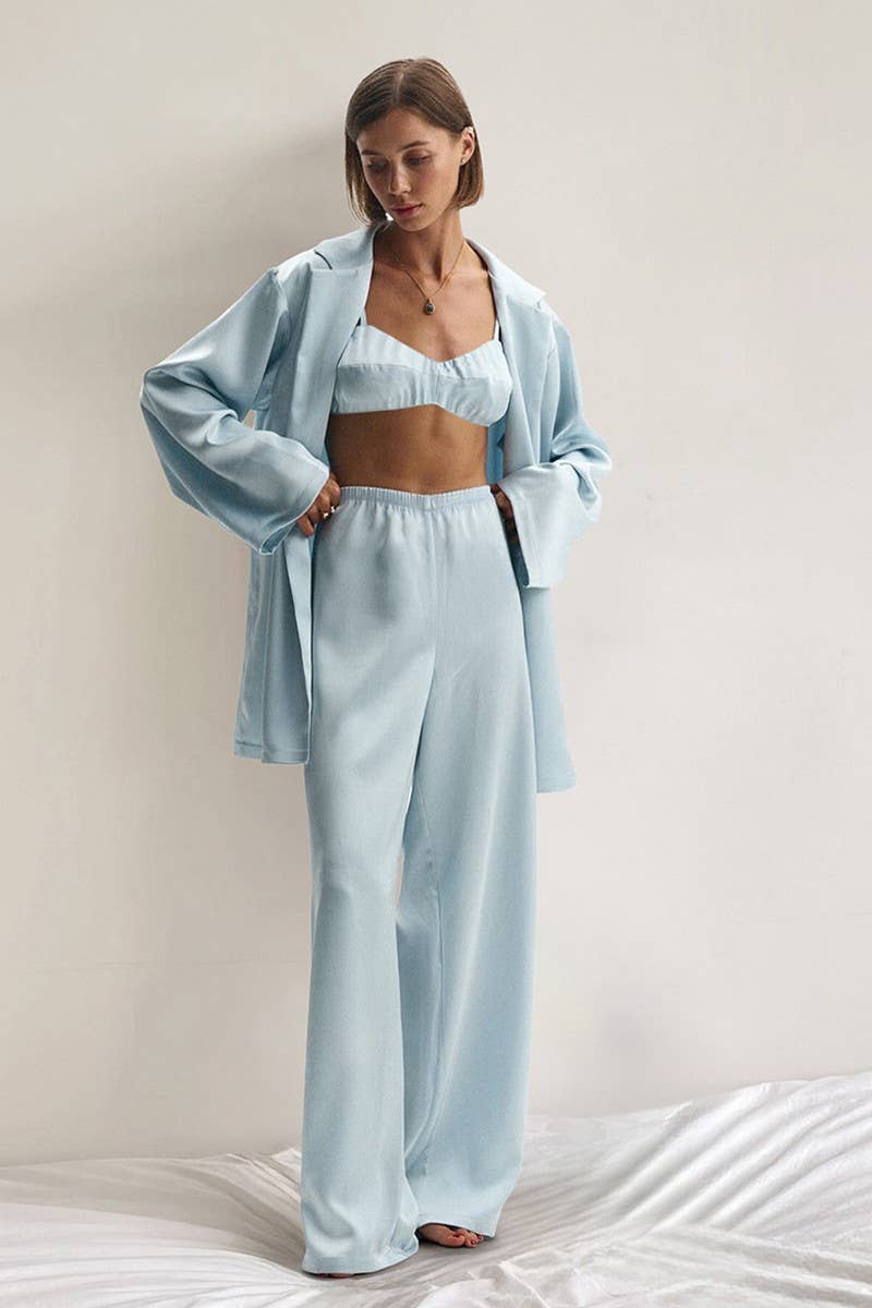 CWSPJ0267_SOLID COLOR SATIN HOME WEAR THREE PIECE SET