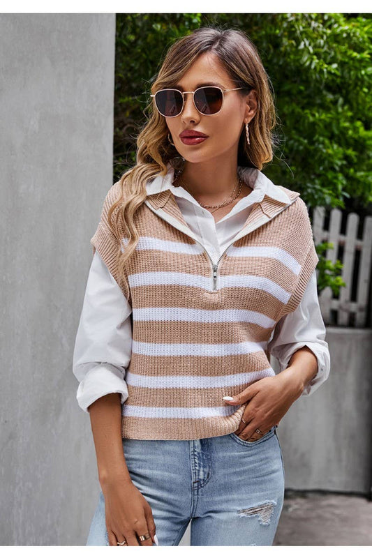 CWOSWSL0103_LOOSE FIT ZIPPER STRIPED KNIT VEST