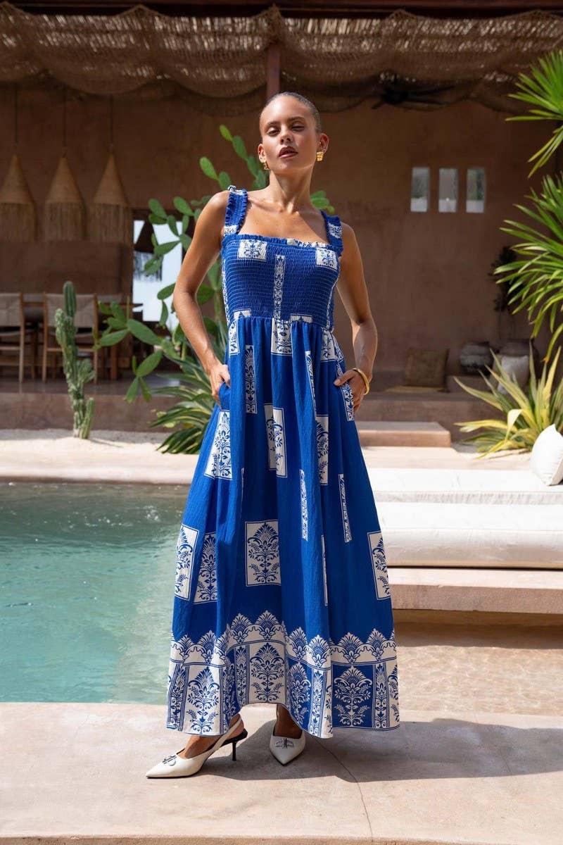 CWDHL1076_SUMMER RESORT STYLE PRINTED SUSPENDER BEACH DRESS