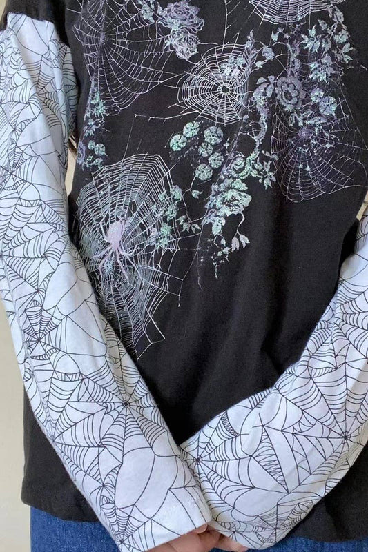 CWTBLL3166_SPIDER WEB PRINT FAKE TWO-PIECE LONG SLEEVE TOP