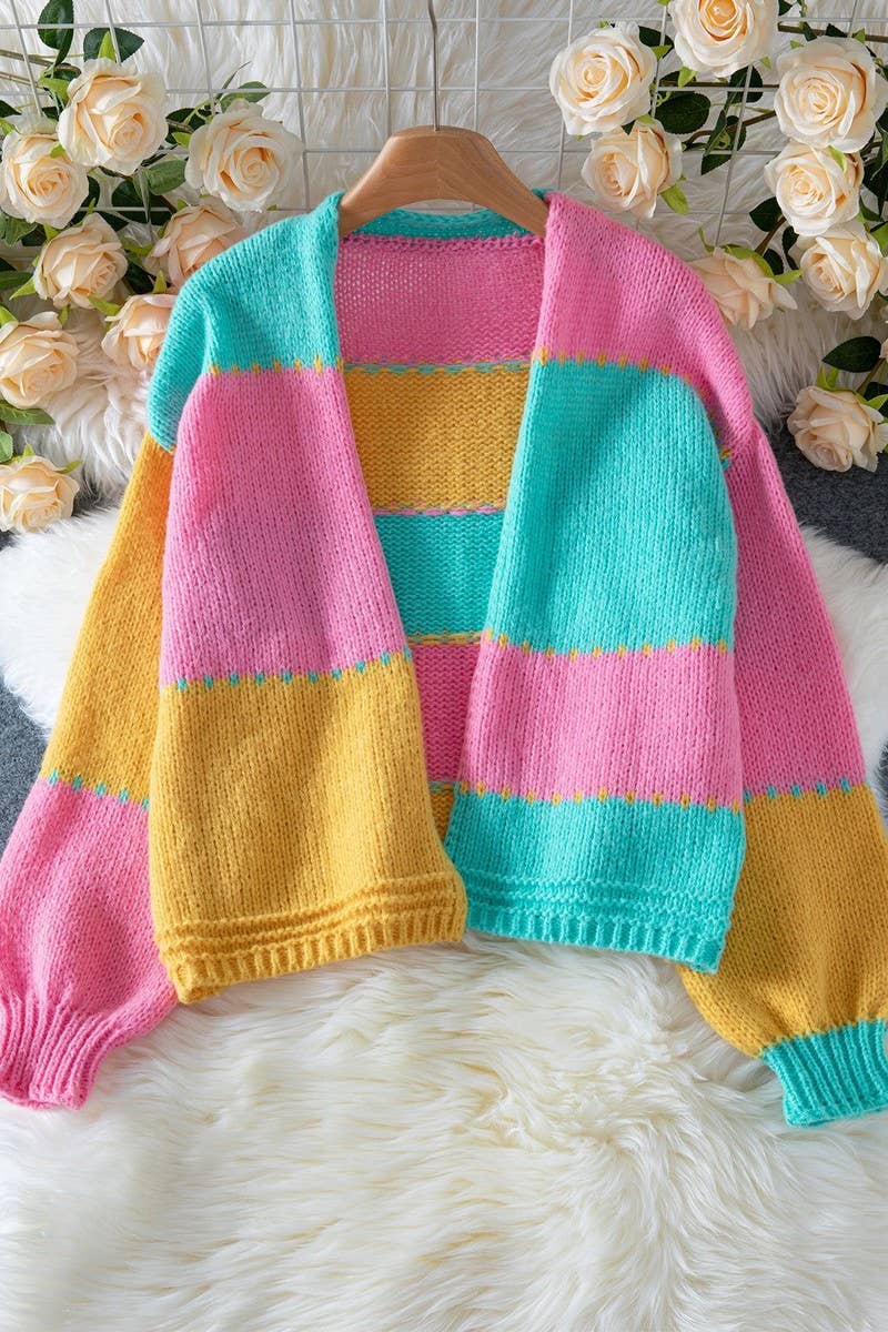 CWOCAL00726_COLORBLOCK LOOSE KNIT CARDIGAN SWEATER
