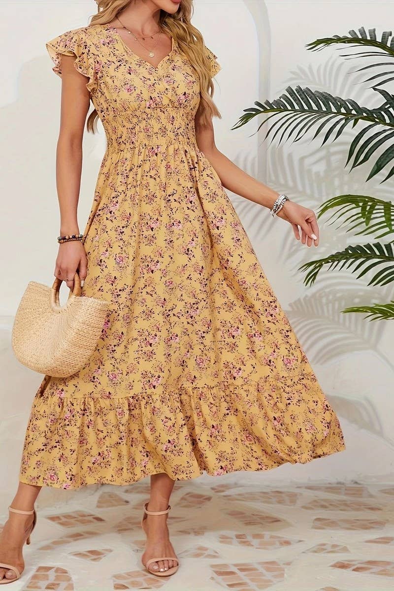 CWDMD6114_V-NECK FLORAL FRENCH STYLE SHORT SLEEVE DRESS