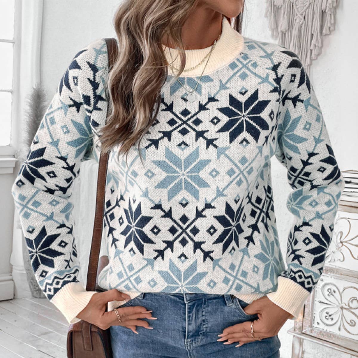 CASUAL WOMEN CREW-NECK PULLOVER JACQUARD SWEATER