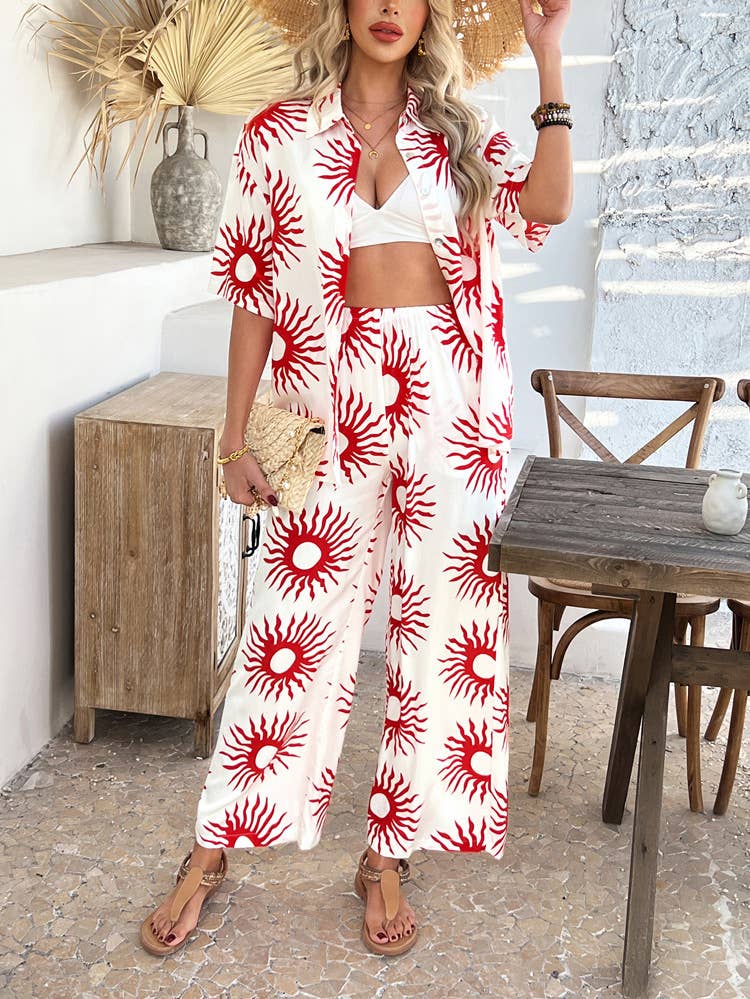 Color contrast printed pants shirt loose suit