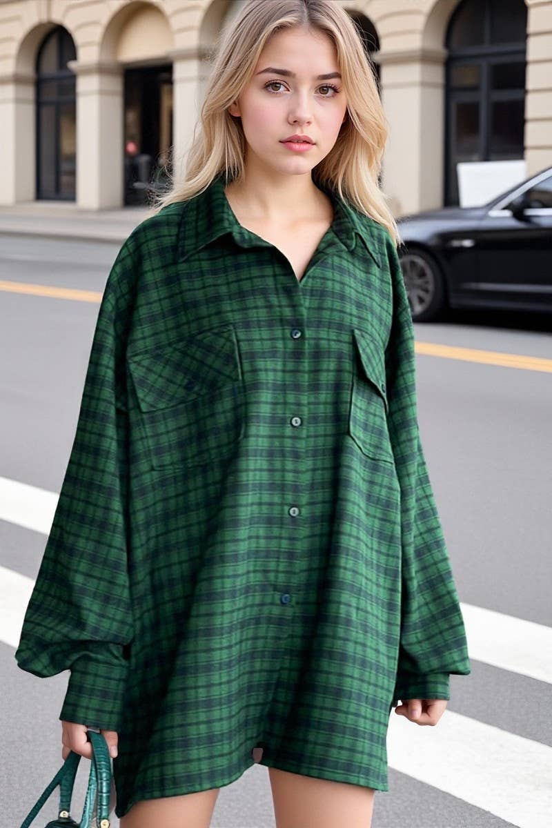 CWTBLL561_RETRO GREEN PLAID OVERSIZED LONG-SLEEVED SHIRT