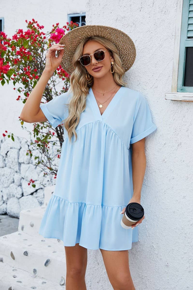 CWDSD3113_V Neck Tiered Short Sleeve Dress