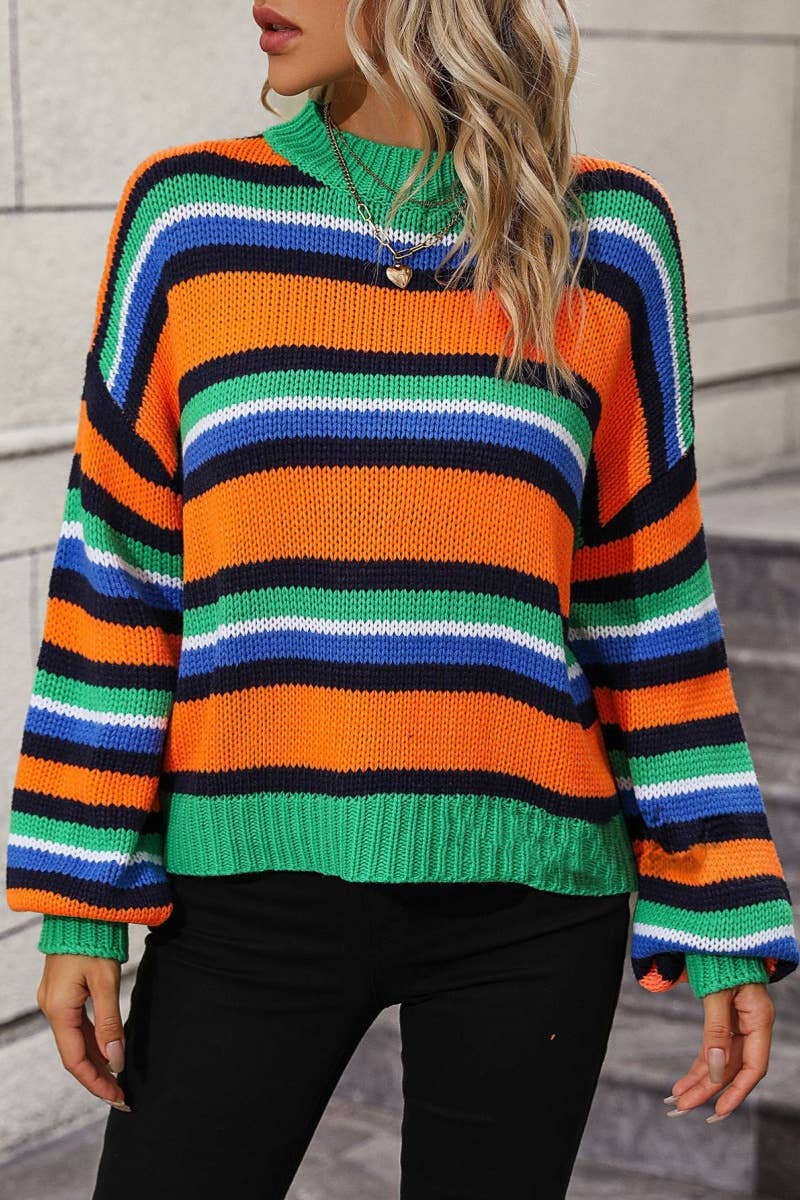 CWOSWL6487_FALL LONG-SLEEVED PATCHWORK STRIPED SWEATER