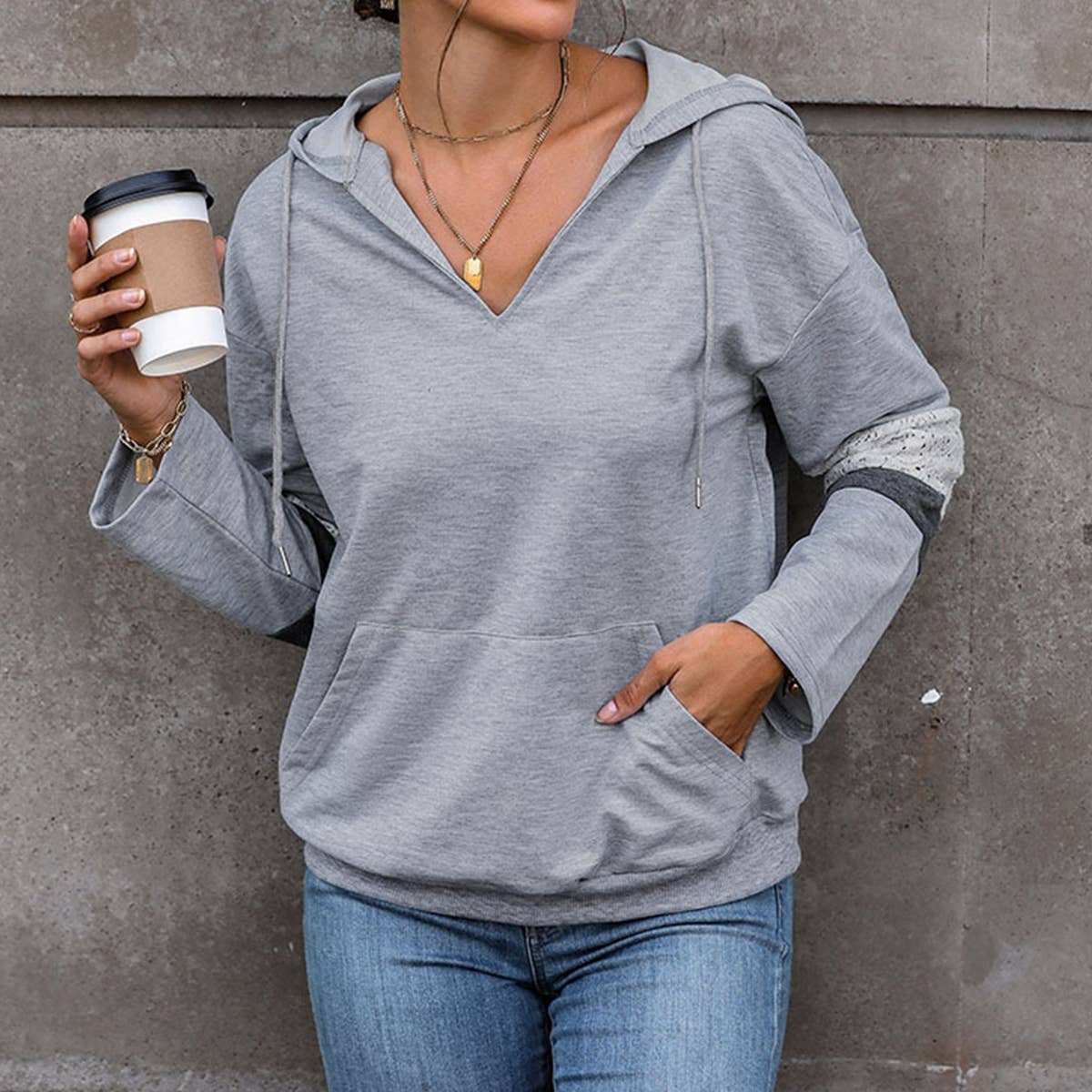 DRAWSTRING HOODED V-NECK LACE PATCHWORK HOODIE