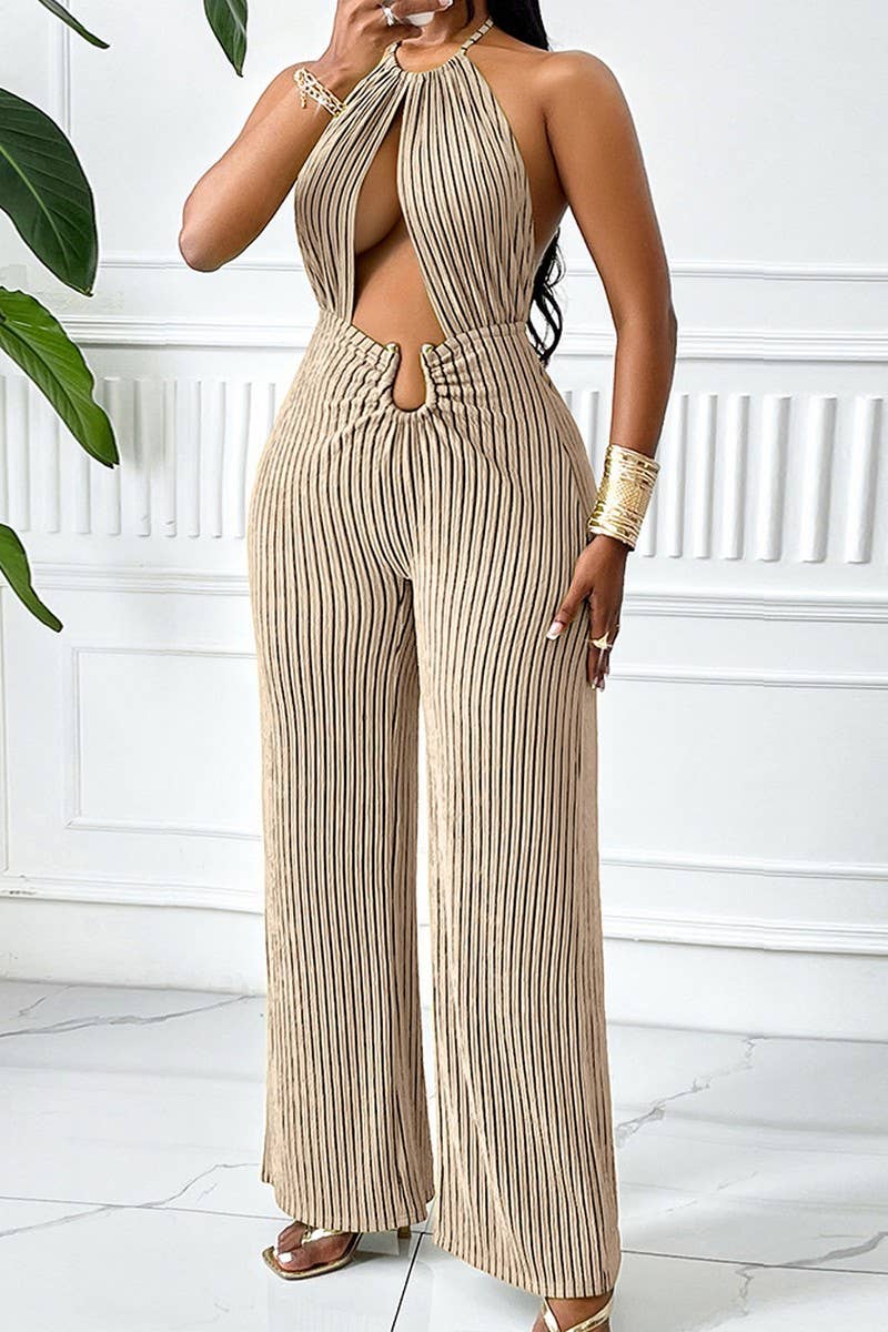 CWSJS1341_SEXY STRIPED HALTERNECK HOLLOW WAIST JUMPSUIT