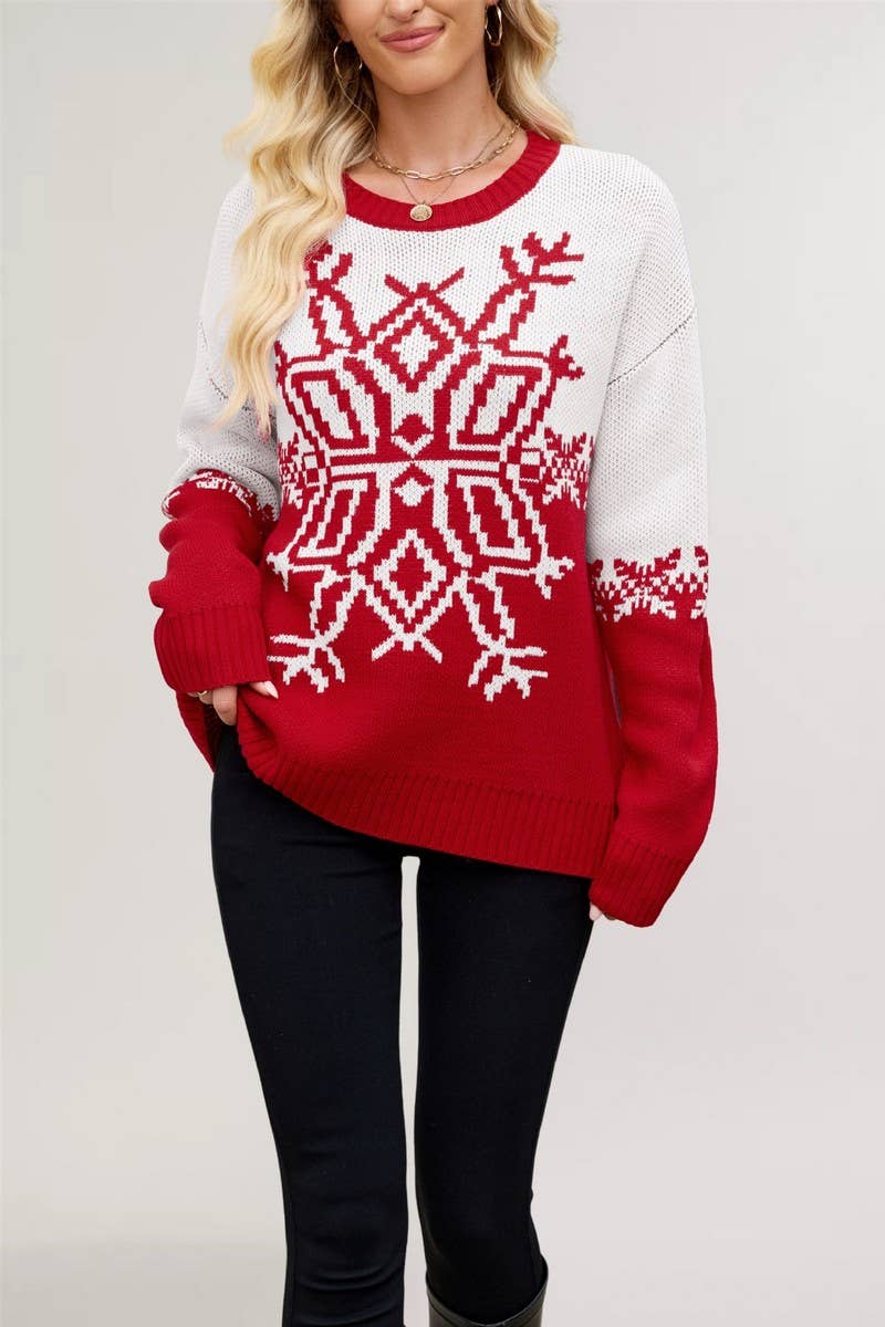 CWOSWL07538_CHRISTMAS BIG SNOWFLAKE CASUAL KNITTED SWEATER