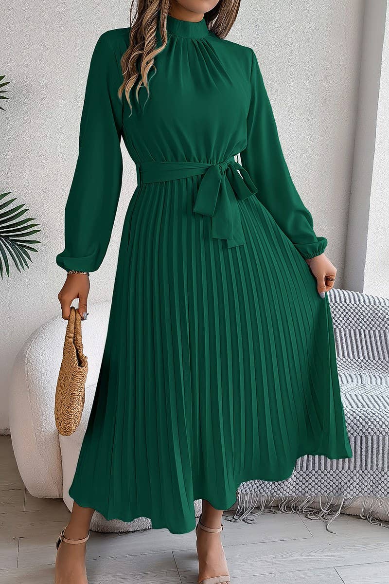 CWDMD3430_TIE STAND COLLAR PLEATED MAXI DRESS