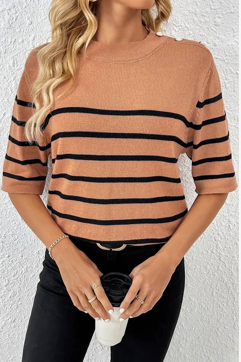 CWTTS1309_STRIPED FASHION ROUND NECK SHORT SLEEVE SWEATER