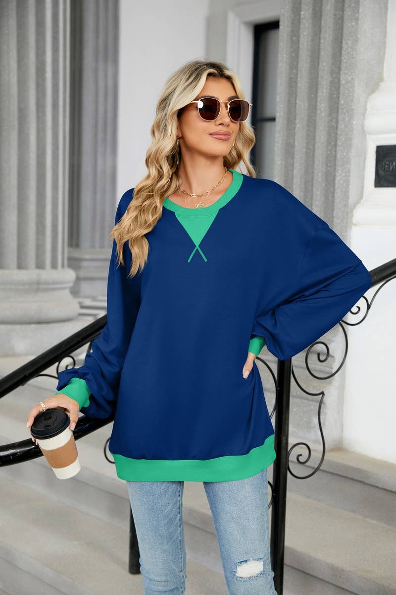 CWTBLL3743_AUTUMN AND WINTER CONTRAST COLOR LOOSE SWEATSHIRT