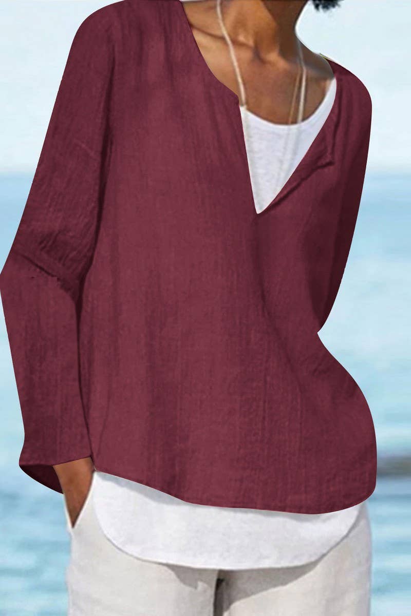 CWTTL01005_V-NECK SOLID COLOR LONG-SLEEVED WOMEN'S SHIRT