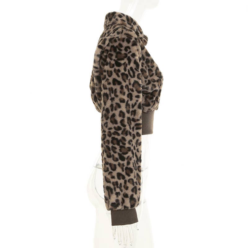 CROPPED WAIST FUR PATCHWORK LEOPARD PRINT JACKET