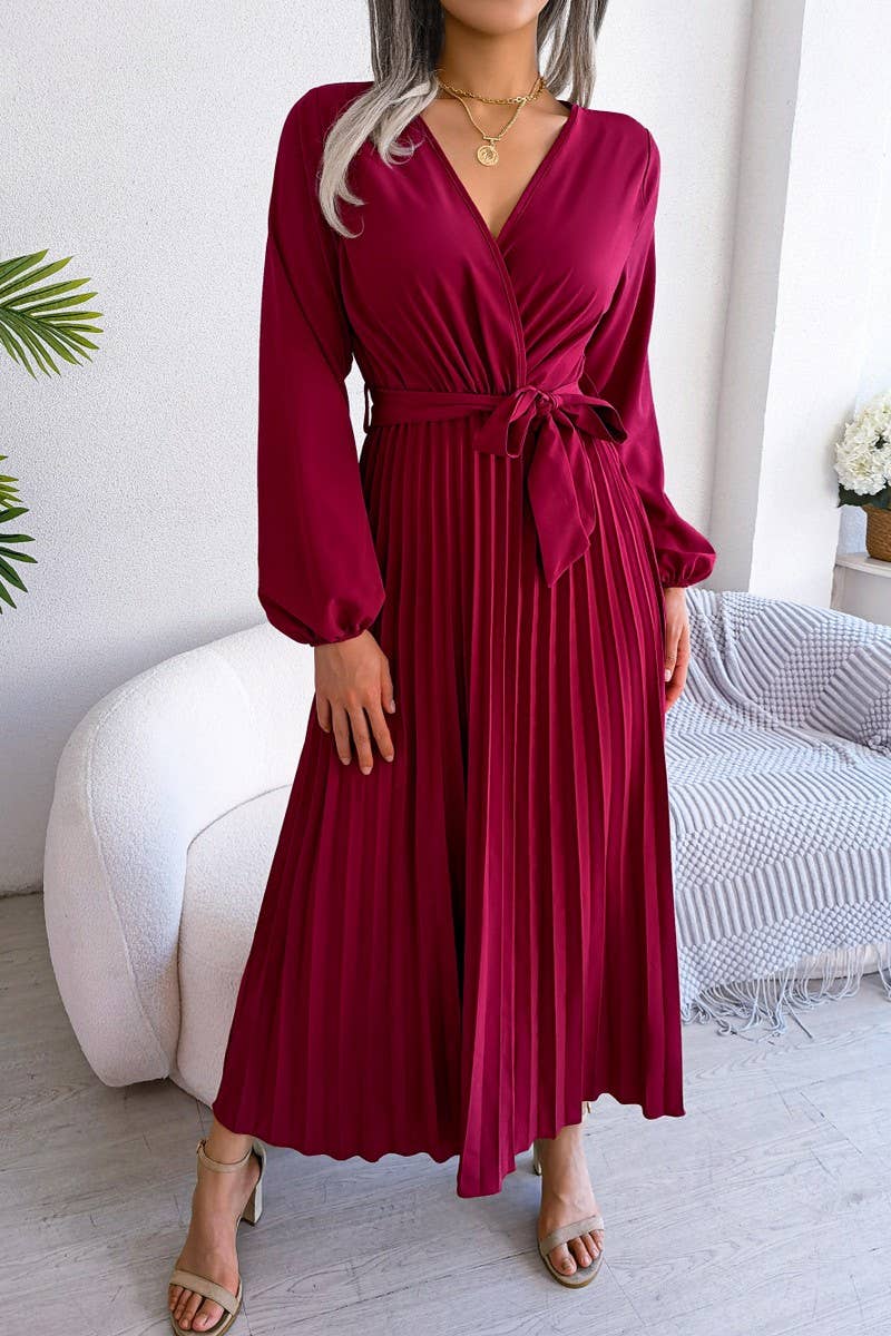 CROSSOVER V NECK PLEATED MAXI DRESS_CWDMD1174