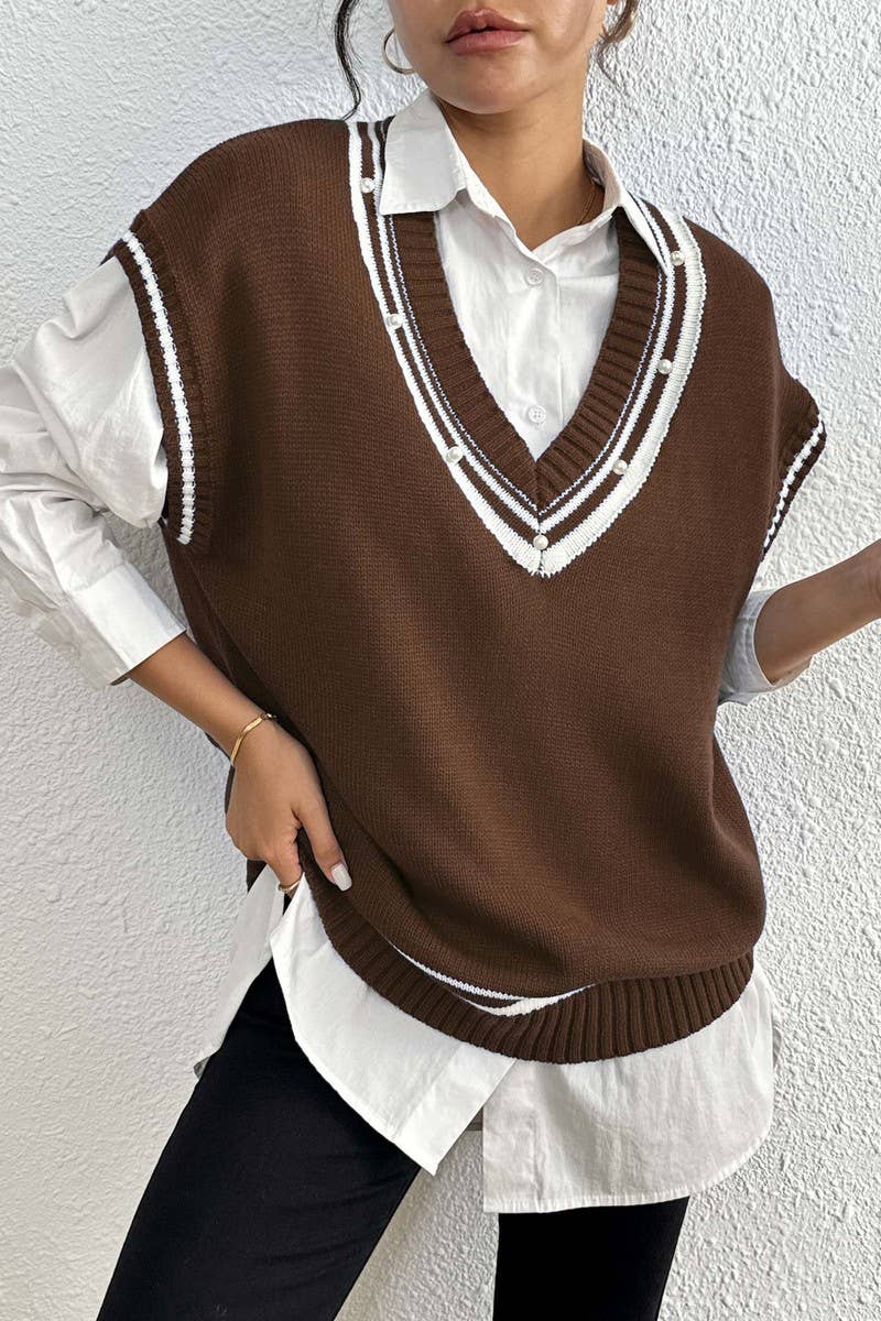 CWTSTL00989_WOMEN V NECK COLOR BLOCK STRIPED KNIT VEST