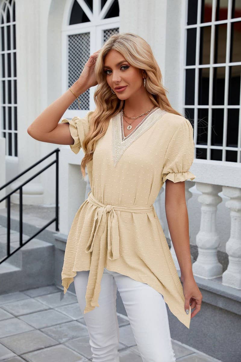 CWTBLS0445_V-Neck Short Sleeve Lace Trim Top