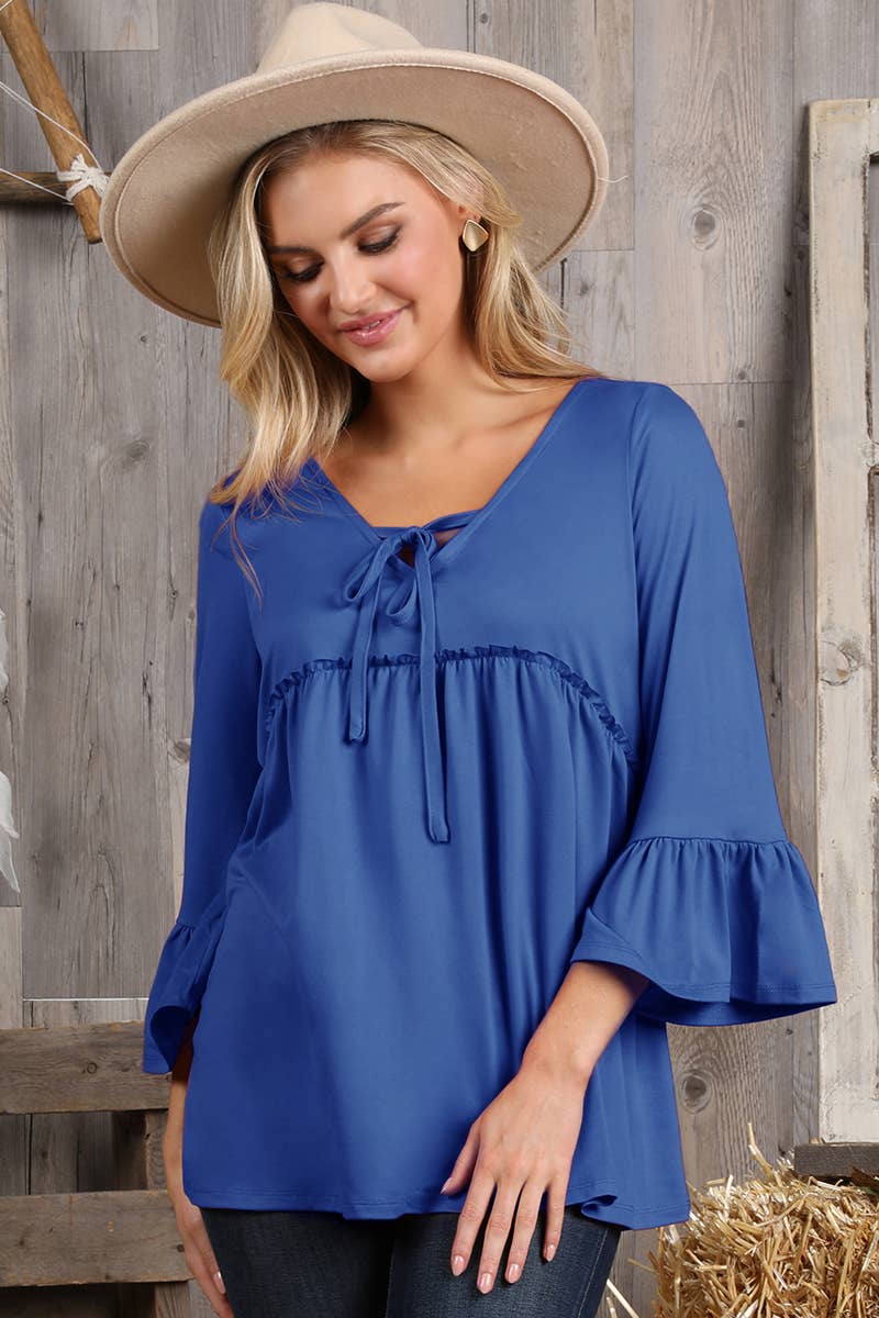 CWTTL1401-P_3/4 SLEEVE WITH NECK STRING DETAILED TOP