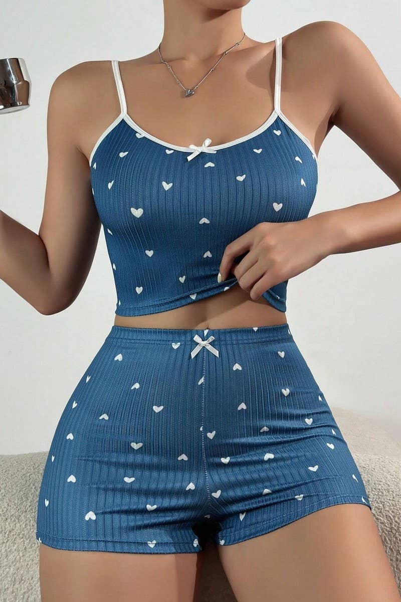 CWSPJ00495_HEART PRINT BOW TIE CAMI PAJAMA SET