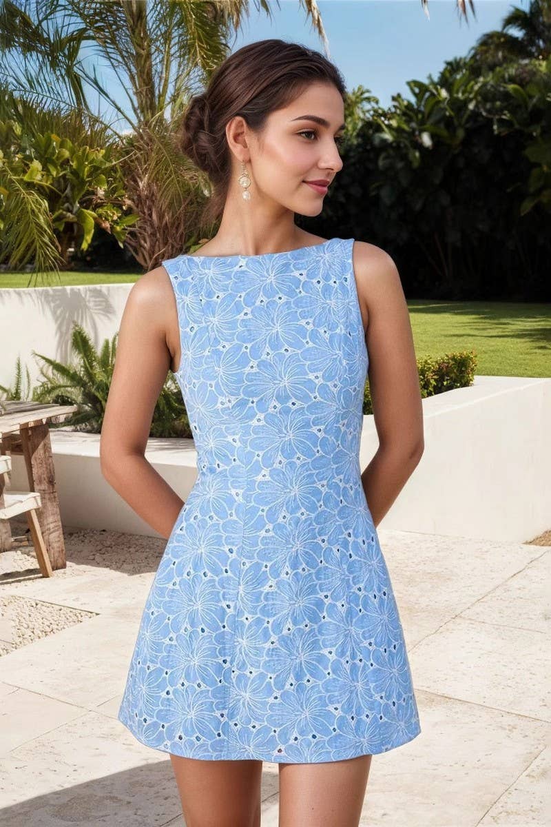 CWDSD8860_SLEEVELESS EMBROIDERED CREW NECK MINI DRESS